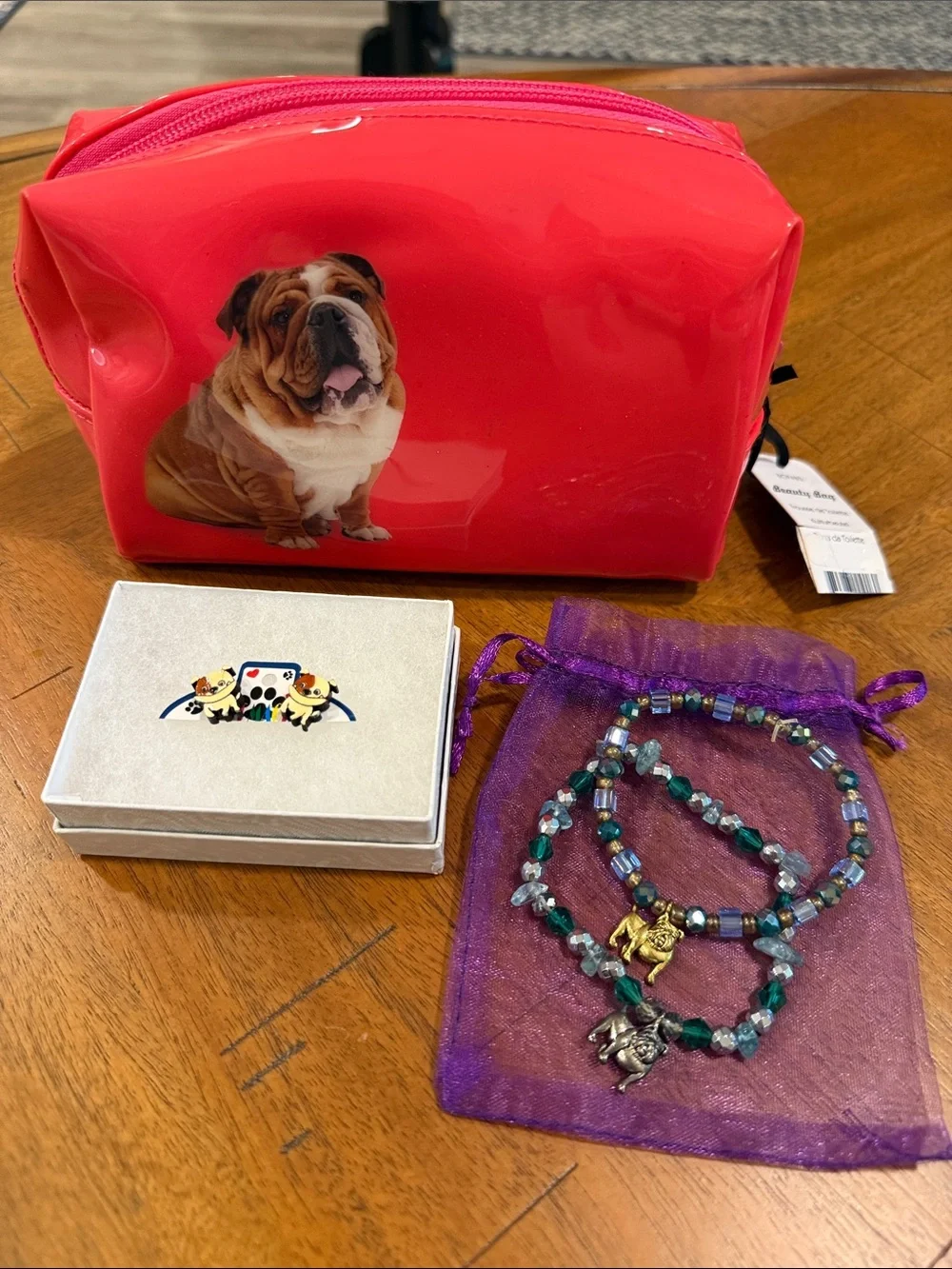 Pink Dog Cosmetic Pouch with Bulldog Graphic and Bulldog Earrings and Bracelets